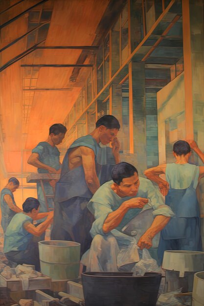 Photo a painting of men in blue uniforms with one of them reading  no