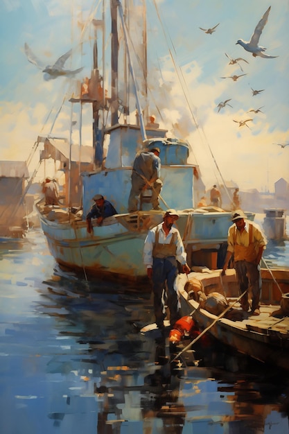 a painting of men fishing in a boat by person