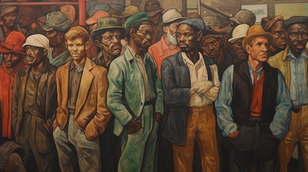 A painting of men standing in a crowd.