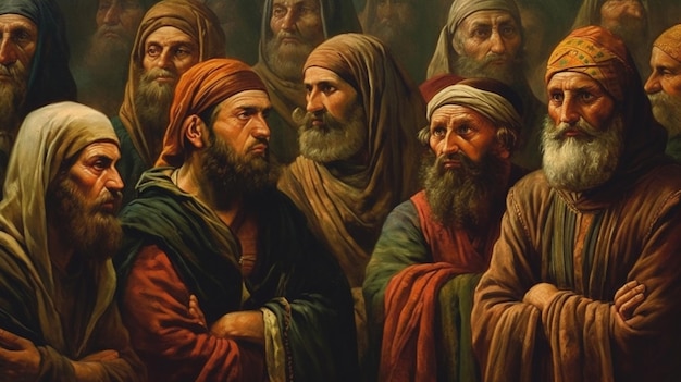 A painting of men with beards and a red hat