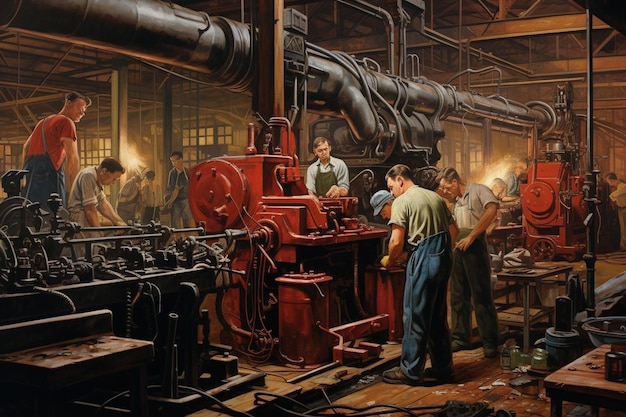 A painting of men working in a factory with a machine in the background.