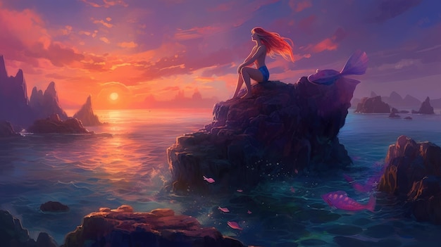 A painting of a mermaid sitting on a rock looking out to sea.