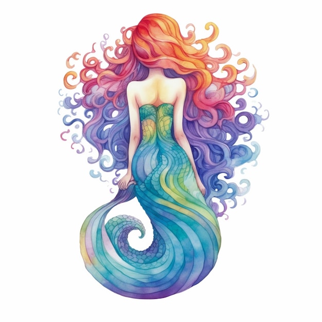 A painting of a mermaid with long hair and a colorful tail generative ai