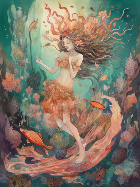 painting of a mermaid with long hair and fish in a coral reef generative ai