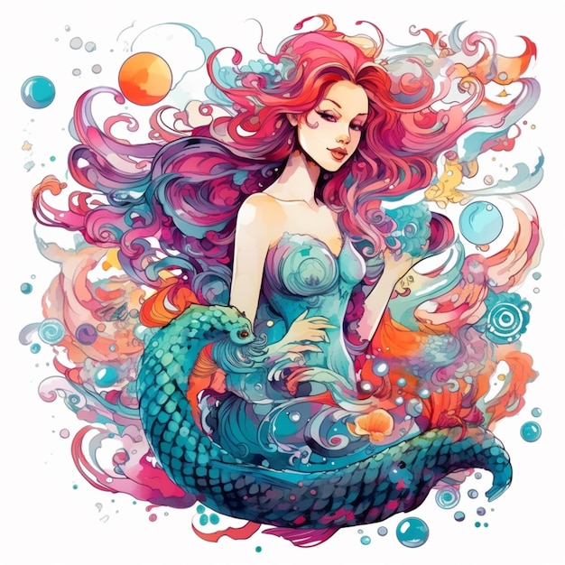 Photo a painting of a mermaid with long hair and a fish tail generative ai