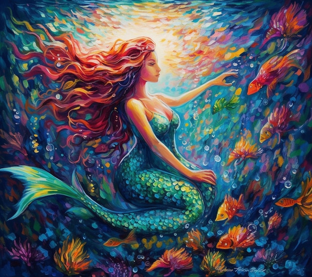 Painting of a mermaid with long red hair sitting on a rock generative ai