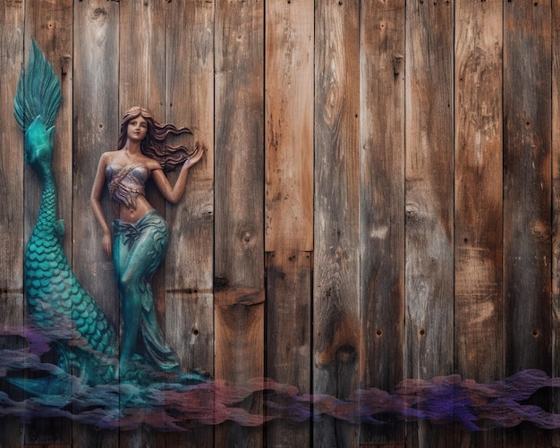 A painting of a mermaid on a wooden fence