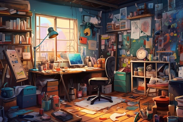 Painting of a messy room with a desk and a chair generative ai