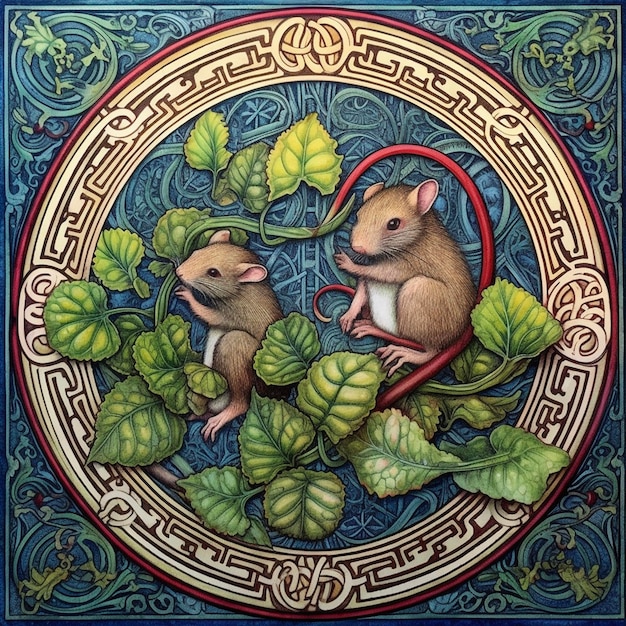 A painting of mice in vines with the words " rat " on the bottom.