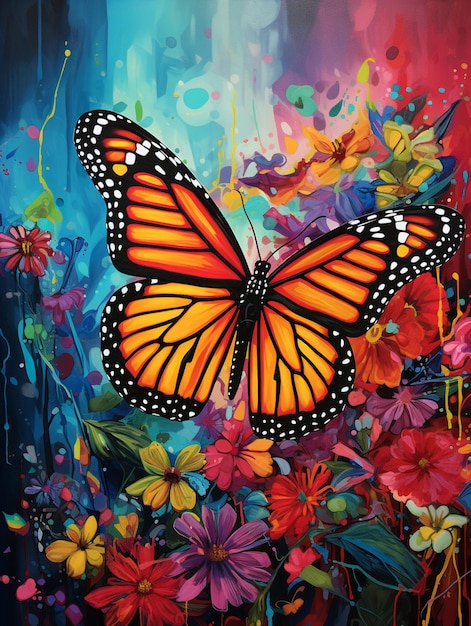 Painting of a monarch butterfly in a colorful garden with flowers generative ai