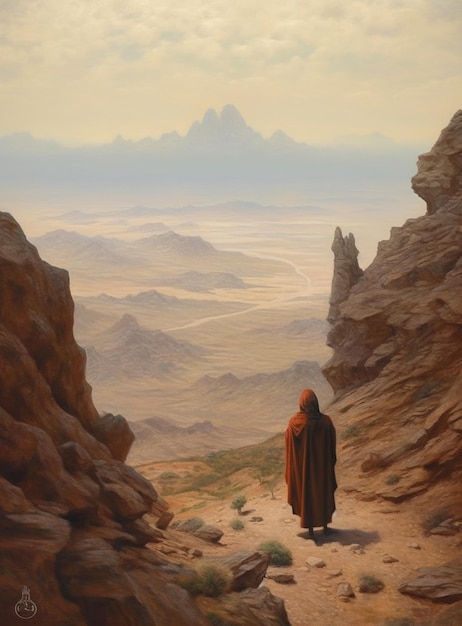 A painting of a monk in a dark orange robe stands in a narrow, rocky landscape.