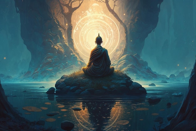 A painting of a monk meditating in front of a glowing light.