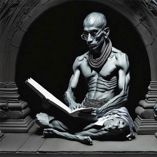 A painting of a monk reading a book in Dark Background