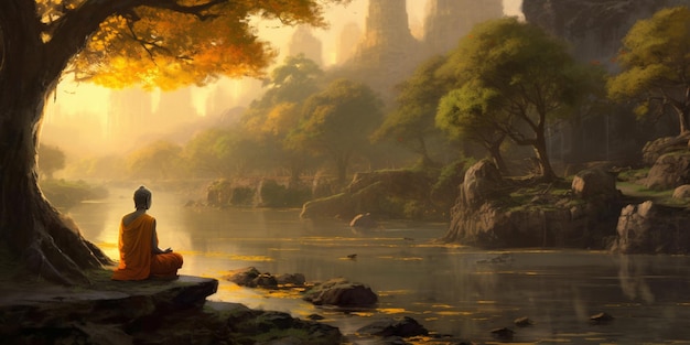 川の岩の上に座っている僧侶の絵