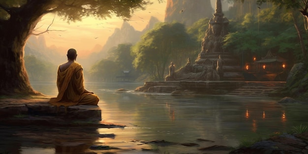 Painting of a monk sitting on a rock in a river generative ai
