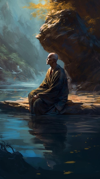 A painting of a monk sitting on a rock in the water with a bird flying in the background.