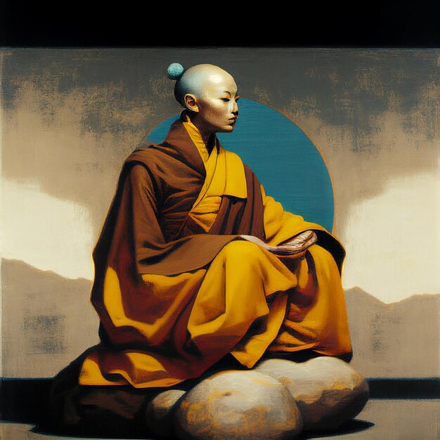 Painting of a monk sitting on a rock with a blue circle generative ai