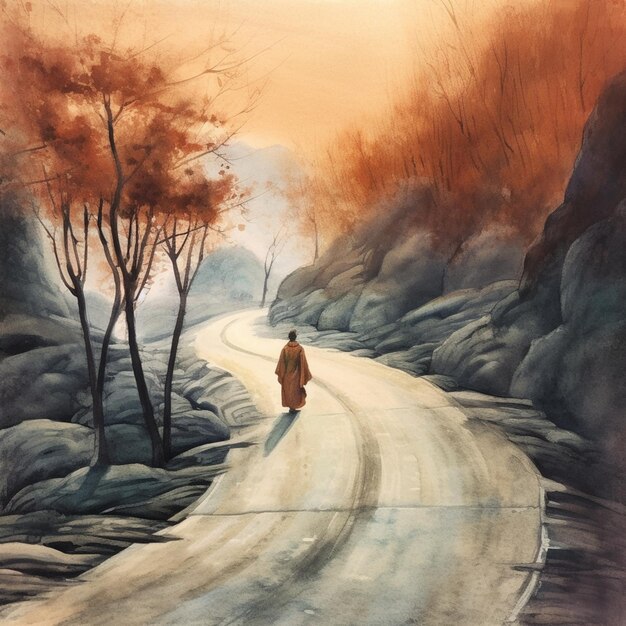 Photo painting of a monk walking down a road in a mountainous area generative ai