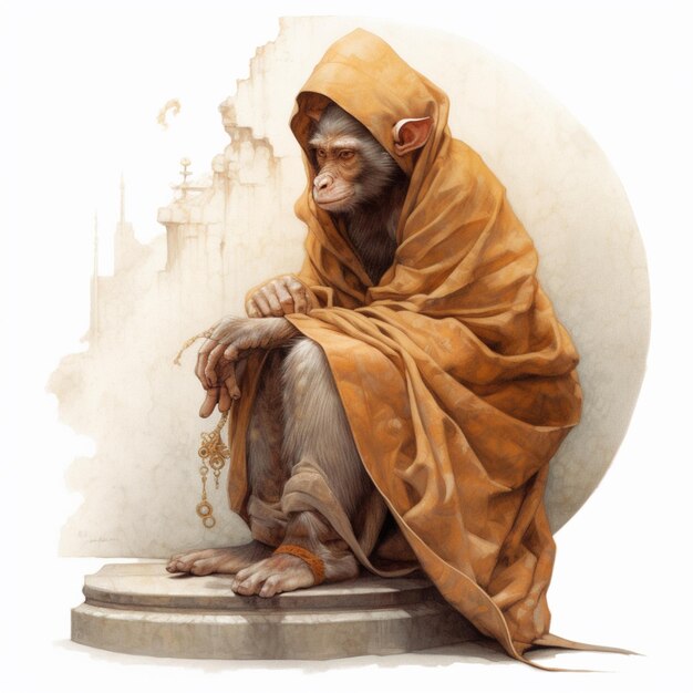 Painting of a monkey dressed in a robe sitting on a pedestal generative ai