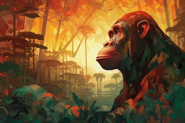 A painting of a monkey in a jungle with the words monkey on the left