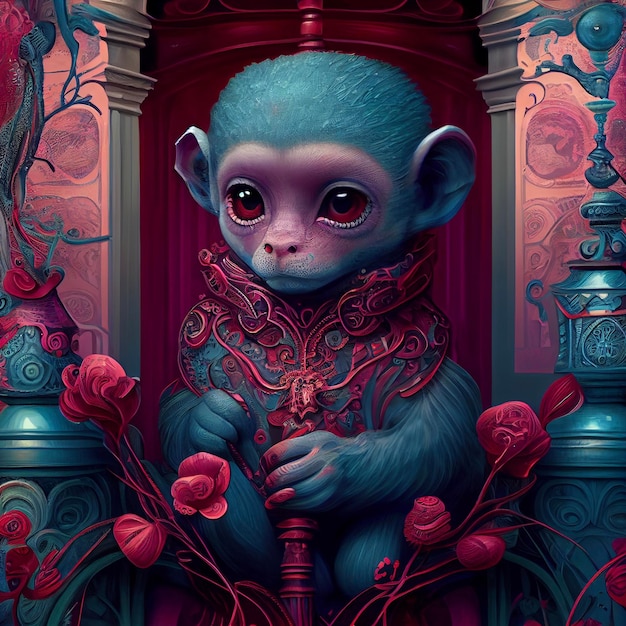 Painting of a monkey with blue hair generative ai