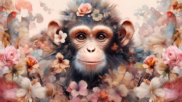 A painting of a monkey with flowers in it