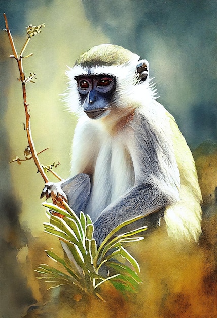 A painting of a monkey with a green face and black eyes.