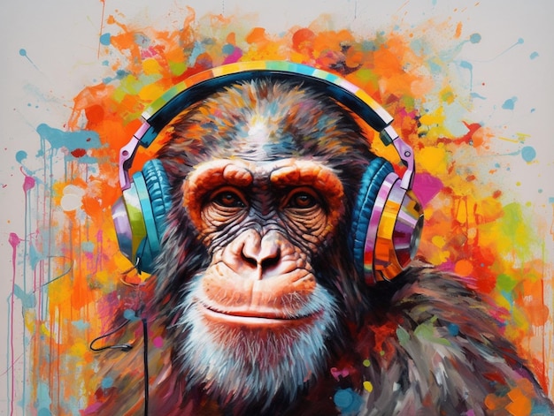 A painting of a monkey with headphones on