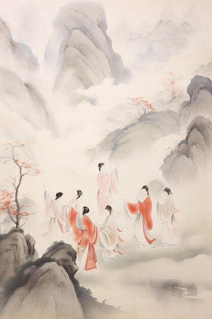 Photo a painting of monks in front of a waterfall