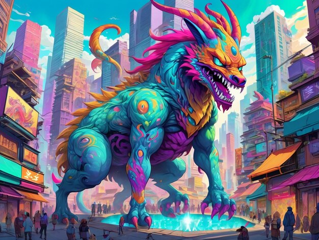 A painting of a monster in the middle of a city hyperbeast design alebrijes aesthetic