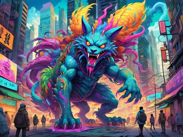 a painting of a monster in the middle of a city hyperbeast design alebrijes aesthetic