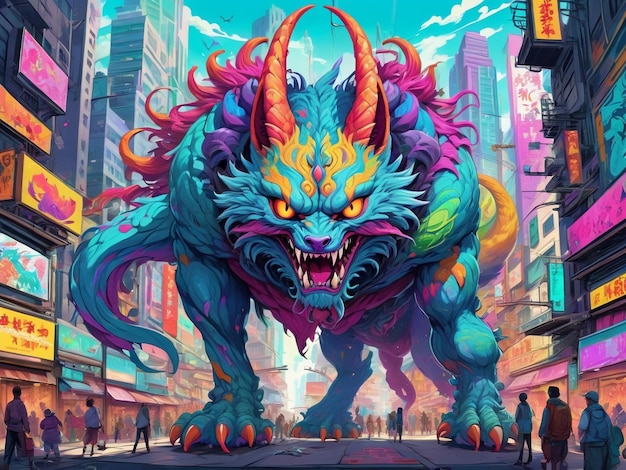 A painting of a monster in the middle of a city hyperbeast design alebrijes aesthetic