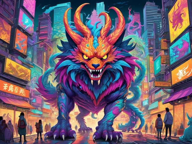 A painting of a monster in the middle of a city hyperbeast design alebrijes aesthetic
