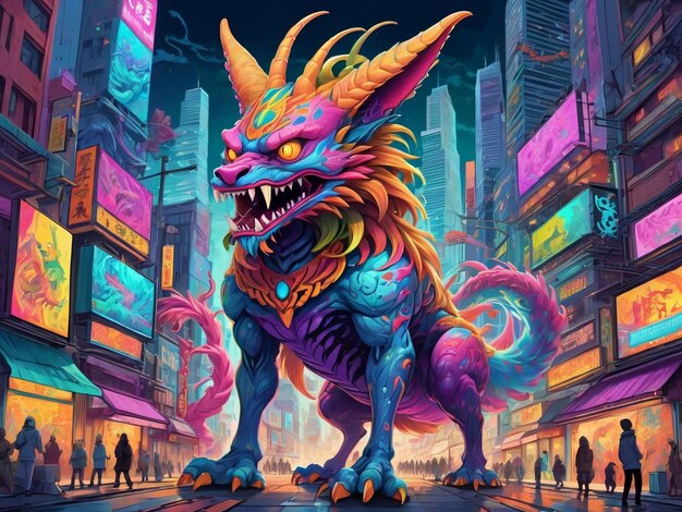 A painting of a monster in the middle of a city hyperbeast design alebrijes aesthetic