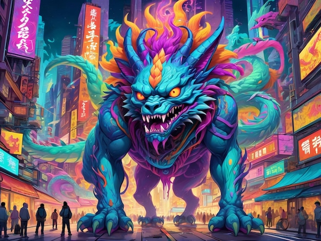 a painting of a monster in the middle of a city hyperbeast design alebrijes aesthetic