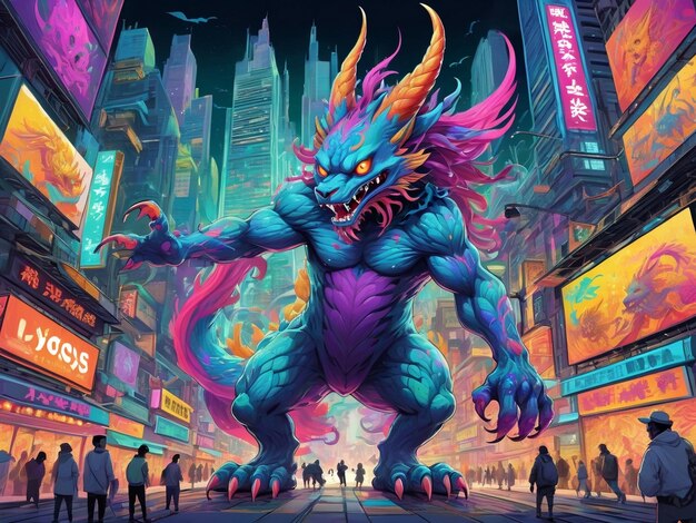 a painting of a monster in the middle of a city hyperbeast design alebrijes aesthetic