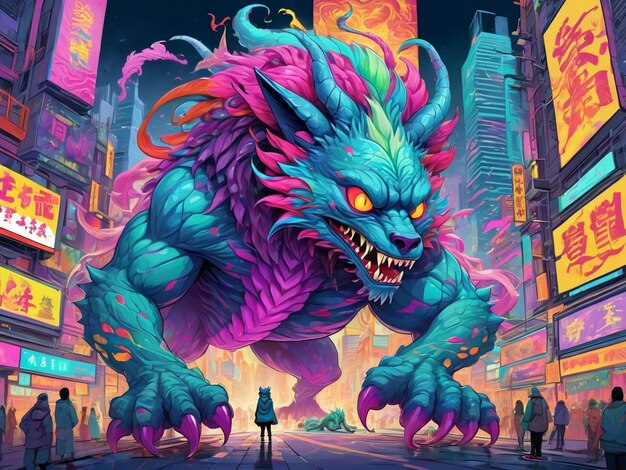 a painting of a monster in the middle of a city hyperbeast design alebrijes aesthetic