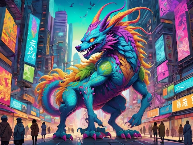 a painting of a monster in the middle of a city hyperbeast design alebrijes aesthetic