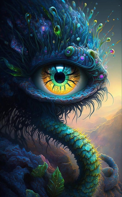 A painting of a monster with a blue eye and yellow eyes.