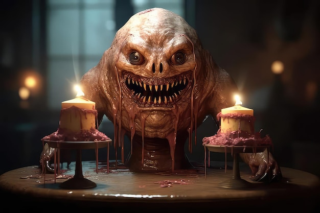 A painting of a monster with a candle in the background.