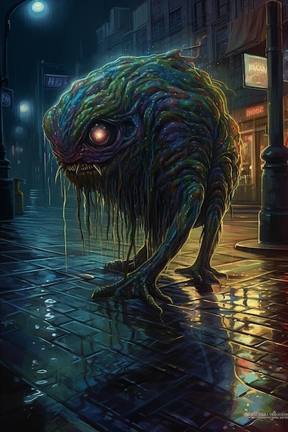 A painting of a monster with a green body and red eyes