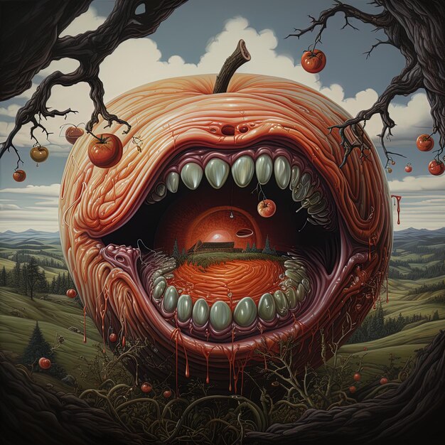 a painting of a monster with a mouth full of fruit