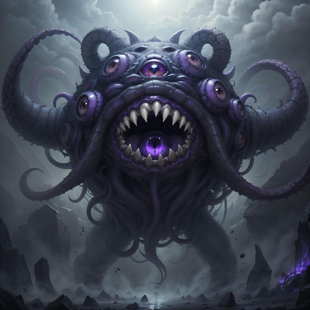 A painting of a monster with a purple face and purple eyes.