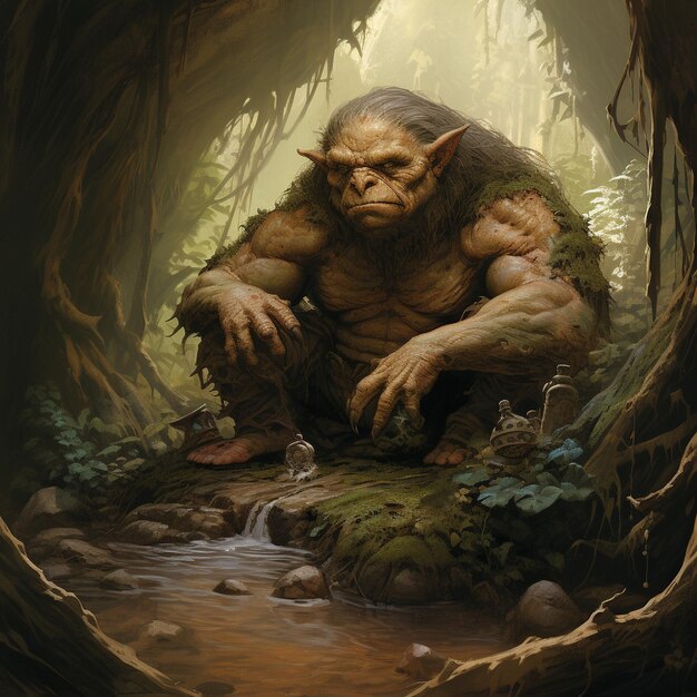 a painting of a monster with a stream in the background.