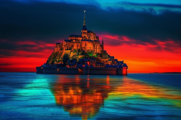 Photo a painting of mont saint michel in the evening