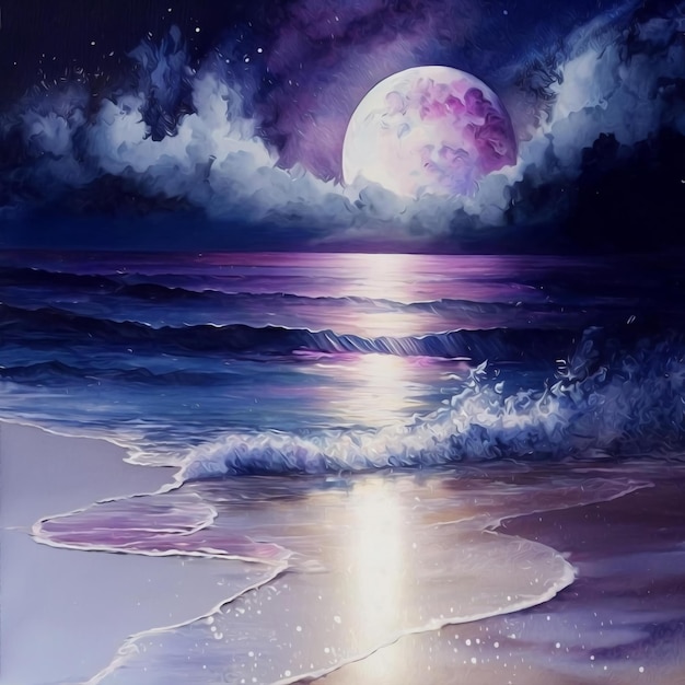 A painting of a moon on the beach