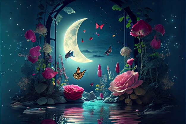 A painting of a moon and flowers with butterflies