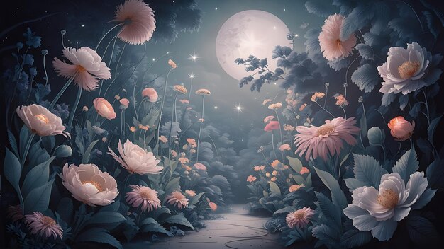 a painting of a moon and flowers with a moon in the background