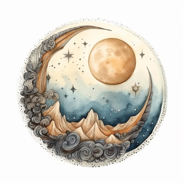 A painting of a moon and a mountain with clouds and stars generative ai