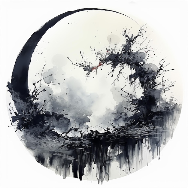 A painting of a moon with a black circle in the background Zen circle